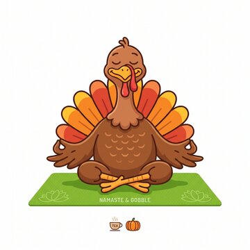 Cute Cartoon Turkey Practicing Yoga in Lotus Pose on a Mat, Funny Thanksgiving Illustration with Namaste and Gobble Text, Zen Bird for Holiday Wellness and Humor.