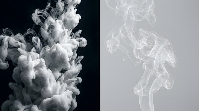 Wisps of Smoke and Ink: A dynamic split-screen showcases ethereal plumes of white ink swirling in dark water on one side.