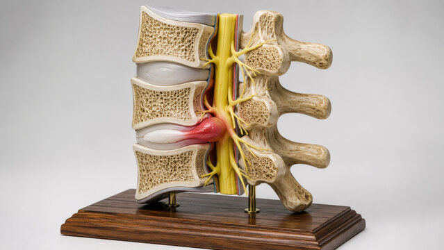 Anatomical spine model cross section showing herniated disc and nerve roots on wood base against clinical studio background for medical education