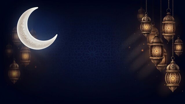 Decorative lanterns hanging beside illuminated crescent moon against dark night sky background