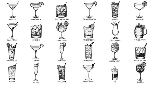 Cocktail Icons Set Featuring Thirty Classic Mixed Drinks in Hand Drawn Sketch Style