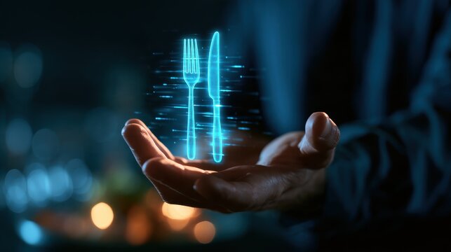 Person interacting with a glowing holographic fork and knife icon, smart food delivery and digital restaurant menu concept