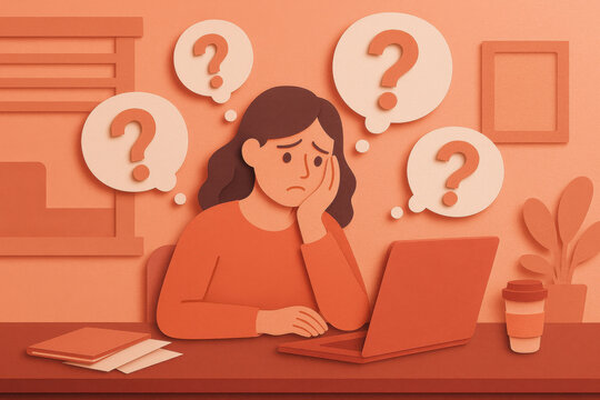 Woman feeling self doubt at workplace desk surrounded by floating thought bubbles with question marks warm coral tone depicting imposter syndrome concept