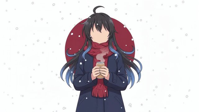 Anime girl from behind in winter haori coat at snowy shrine holding warm drink can, snow white background, seamless loop 2D cel animation, Japanese winter anime style, faceless, silent 8 seconds