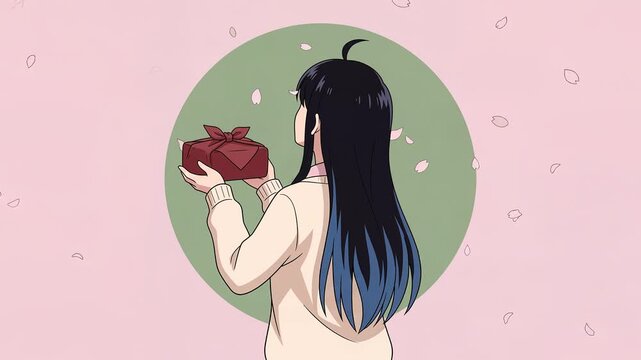 Anime girl from behind in cardigan holding wrapped bento box under cherry blossoms, soft blush background, seamless loop 2D cel animation, Japanese spring anime style, faceless, silent 8s
