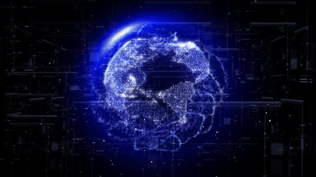 Digital Blue 3D Hologram Flare Ring Earth Rotating in Sci-Fi Space. Polygon Low Poly Number Data Structure, Network Connection, and Global Business Technology 4K Motion Background.