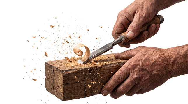 Senior carpenter hands carving wood on transparent background