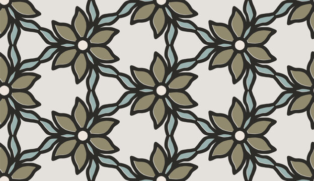 Geometric floral block print seamless pattern with interlocking flower and leaves.