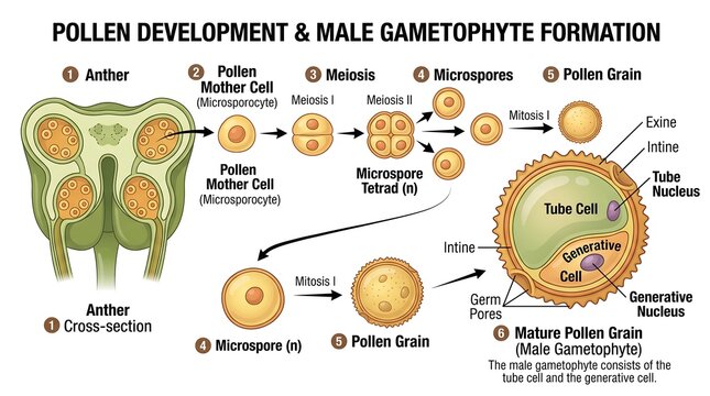 Pollen Development and Male Gametophyte Formation Biological Infographic Diagram for Botanical Education and Scientific Study