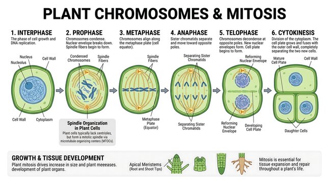 Plant Mitosis Process Diagram Illustrating Cell Division Stages from Interphase to Cytokinesis for Biology Education and Scientific Research