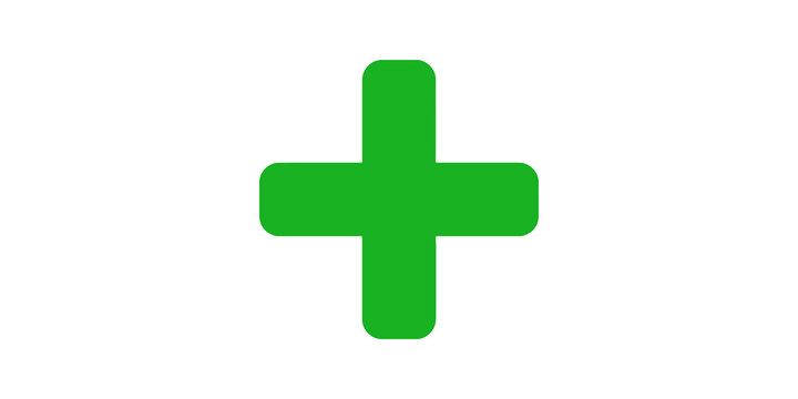 Green plus sign symbol for addition and health on transparent background.
