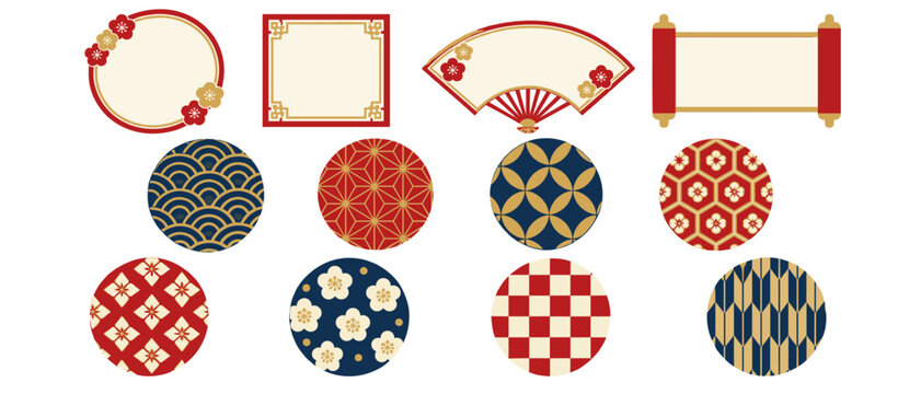 Japanese frame icons with fan scroll and pattern circles