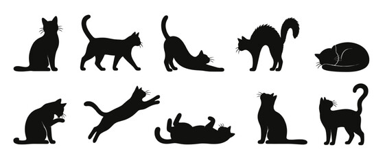 Fototapeta premium Black cat silhouette icons with stretching jumping and sleeping