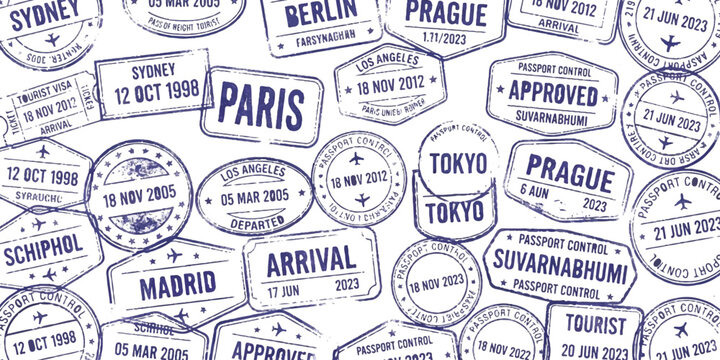 Many international travel passport stamps with city names and dates in a seamless pattern