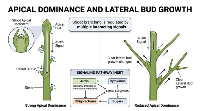 Apical Dominance and Lateral Bud Growth Biological Infographic Showing Plant Hormonal Signaling Pathways and Shoot Branching Mechanisms