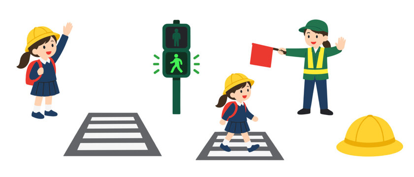 School crossing guard icons with children traffic light and flag