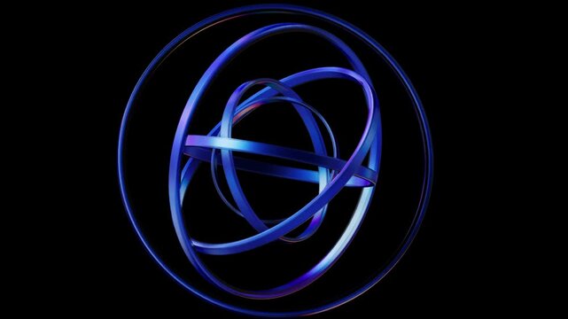 3D render Rotating Metallic Blue Armillary Sphere Seamless Loop Video, Abstract Futuristic Intersecting Rings Motion Graphics, Cybernetic Gyroscope Axis Spin Animation &ndash; Nested glossy cobalt blue 
