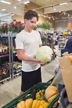 Young Shopper Choosing Large Green Cabbage in Supermarket