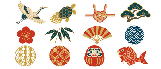 Obraz premium Japanese lucky charms with crane turtle daruma and fish