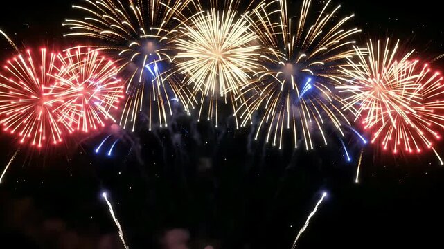 Golden and red fireworks exploding in night sky animated loop video background for Diwali and New Year
