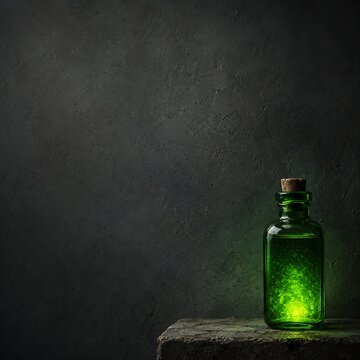 Glowing green magic potion bottle on dark stone table for Halloween background with copy space