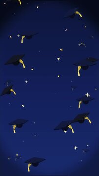 Retro pixel art graduation caps falling in a looping night animation with golden sparkles.