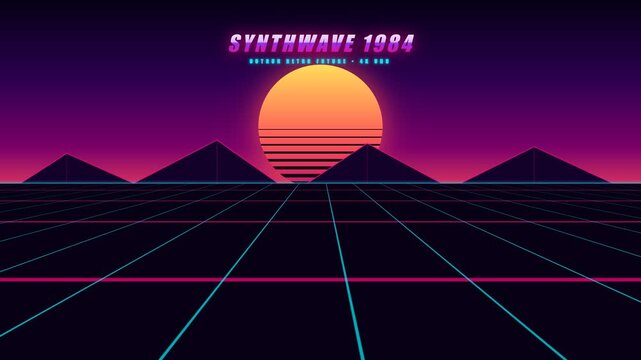 Synthwave 1984 retro future landscape animation featuring neon glowing grid and sunset with vintage pyramids moving in video footage