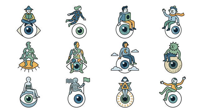 Clean Illustrated Set of Diverse Characters in Wheelchairs with Unique Eye and Designs with high quality professional line art symbols for modern creative design and digital branding projects