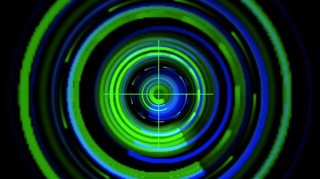 Abstract glowing green and blue concentric circles with crosshair target in futuristic tunnel animation