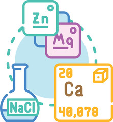 Fototapeta premium Science education concept illustrating minerals and their chemical composition, including laboratory analysis, raw material processing, and natural elements found in food and living organisms