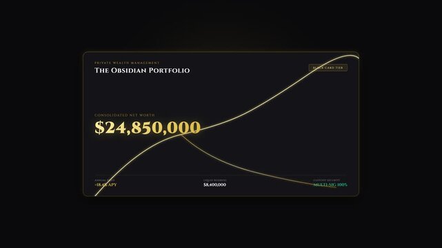 Private wealth management obsidian portfolio digital dashboard display featuring financial statistics and glowing curves in motion video footage