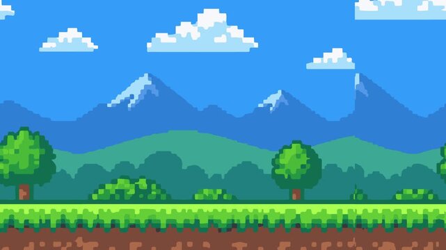 Pixel Art Nature Landscape with Mountains Trees and Blue Sky Game Background
