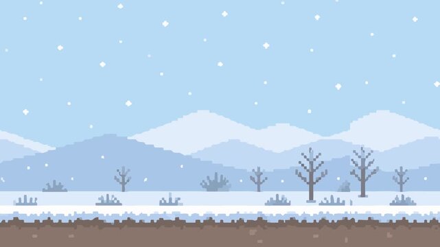 Pixel art winter landscape with snowfall, snowy mountains and bare trees on light blue sky, retro game background scene