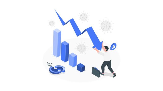 Man Pushing Down Falling Chart Illustration. Business crisis and economic downturn concept for recession visuals