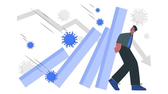 Man Pushing Collapsing Bars with Virus Particles Illustration. Business crisis and pandemic impact concept for recession visuals