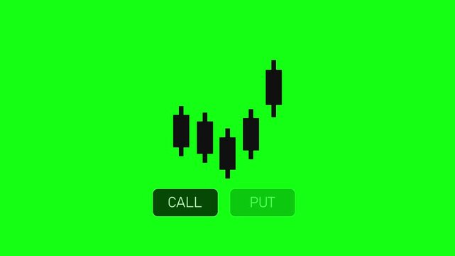 Binary Options Trading Interface with Bearish Candlestick Chart and Call Put Buttons on Green Screen