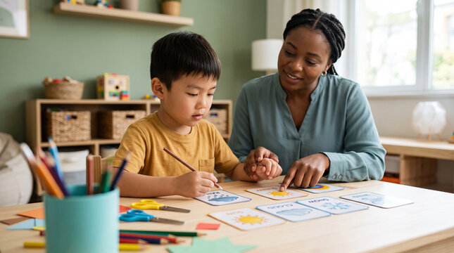 Boy with autism learning weather using picture cards, teacher guiding his hand, special education, visual learning, autism support, child development