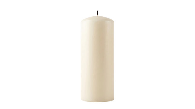 A tall elegant white pillar candle with a simple wick design standing vertically as a single object isolated on transparent background for creative projects