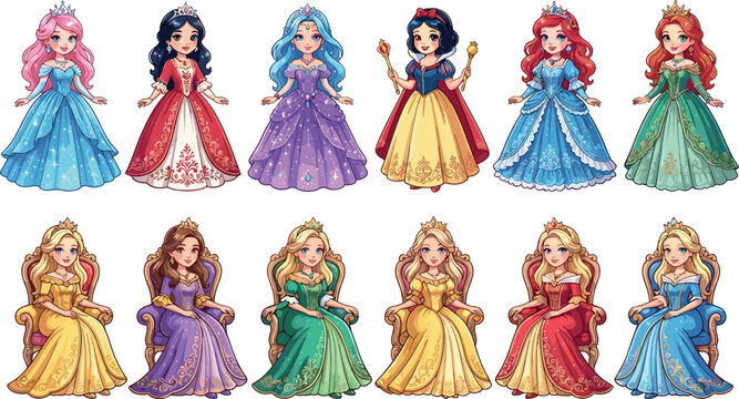 Beautiful Princess Character Vector Set Featuring Diverse Fairytale Queens in Elegant Royal Gowns and Gilded Thrones for Fantasy and Kids Storybook Design