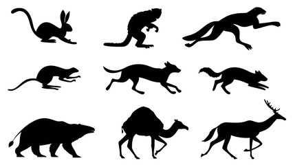 Fototapeta premium Set of wild animal silhouettes including deer and camel in dynamic poses with wild animals