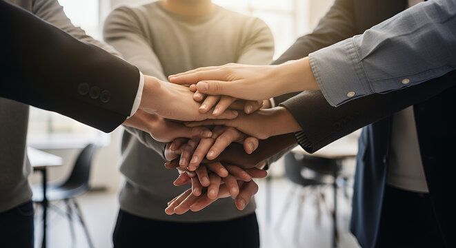 diverse professional team fist bump in unity, modern office collaboration with hands joined together