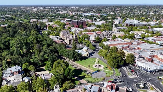 Zoom in to historic courthouse in Bendigo city of Australia &ndash; aerial view of downtown.