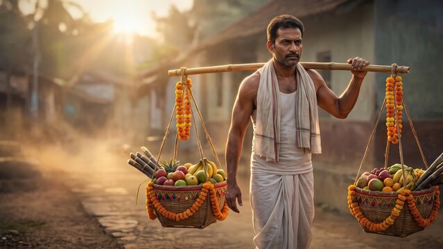 Chhath Puja Bahangi &ndash; Devotee Carrying Decorated Daura Baskets