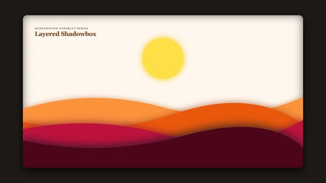 Layered shadowbox animation featuring colorful papercut landscape hills and bright glowing sun motion footage