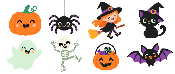 Obraz premium Halloween icons with pumpkin witch ghost and skeleton