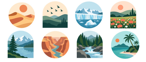 Fototapeta premium Landscape scenery icons with desert mountains and beach