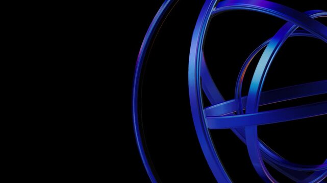 3D render Rotating Blue Glass Rings Sphere Right Side Seamless Loop Video, Abstract Cybernetic Intersecting Circles Motion Graphics, Futuristic Gyroscope Axis Spin &ndash; Interconnected glossy metallic