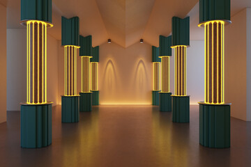 Obraz premium Contemporary neon column gallery interior with symmetrical perspective, glowing pillars, and modern exhibition architecture for creative design concepts. 3D Rendering