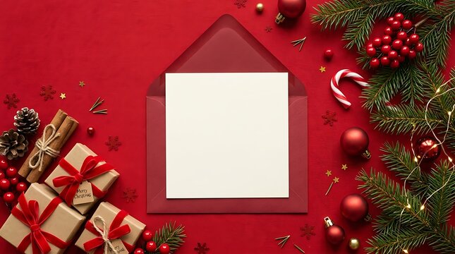 Christmas greeting card mockup with festive decorations on red background