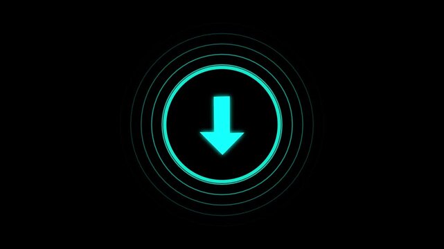 Down arrow animation pulses inside concentric circular target rings. Download file retrieval telemetry routes on down arrow. Transfer workflows use down arrow animation.